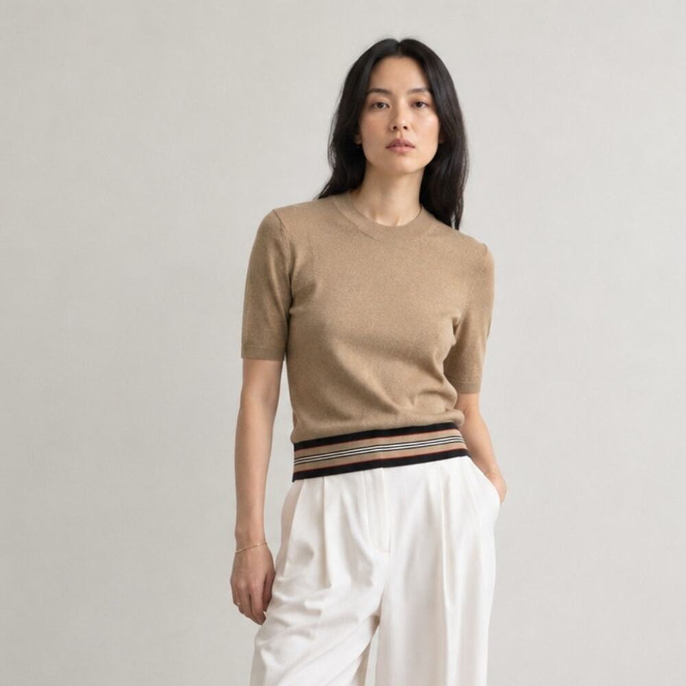 Burberry Merino Wool Knit Top Womens M Tan Striped Crewneck Short Sleeve